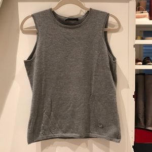 Grey, sleeveless, crew neck sweater